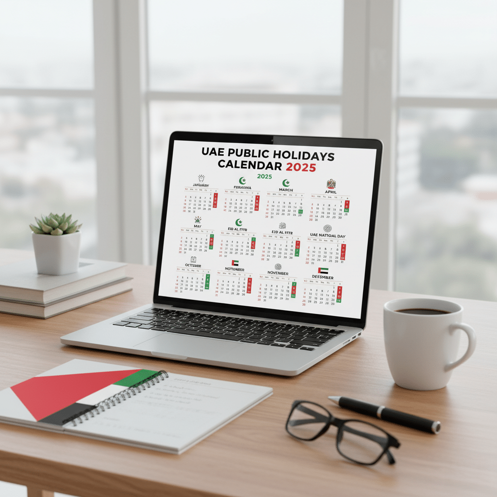 Eid Al Adha 2025 & UAE Public Holidays: A laptop on a desk displaying the UAE Public Holidays Calendar for 2025, with months and holidays clearly marked. The desk also has a notepad with a UAE flag cover, a coffee cup, a pair of glasses, and a potted plant. A window in the background provides a blurred exterior view.