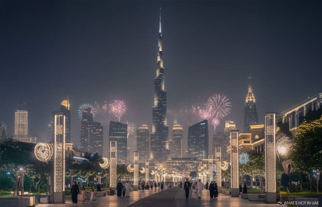A night view of the Burj Khalifa in Dubai, illuminated with lights and surrounded by fireworks, towering over a cityscape with festive decorations and people walking along a decorated boulevard.