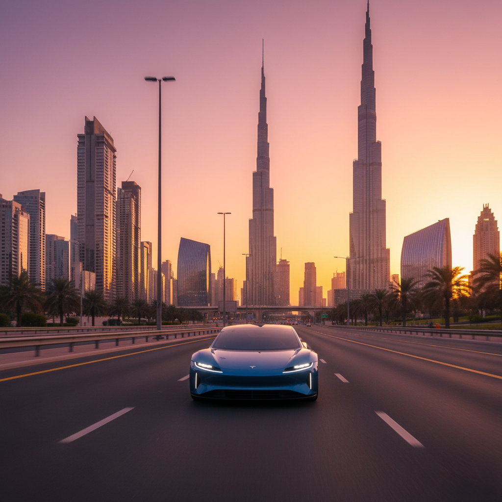Electric Vehicles in the UAE: A blue electric car drives down a wide road with tall skyscrapers, including the Burj Khalifa, in the background during sunset in a cityscape setting.