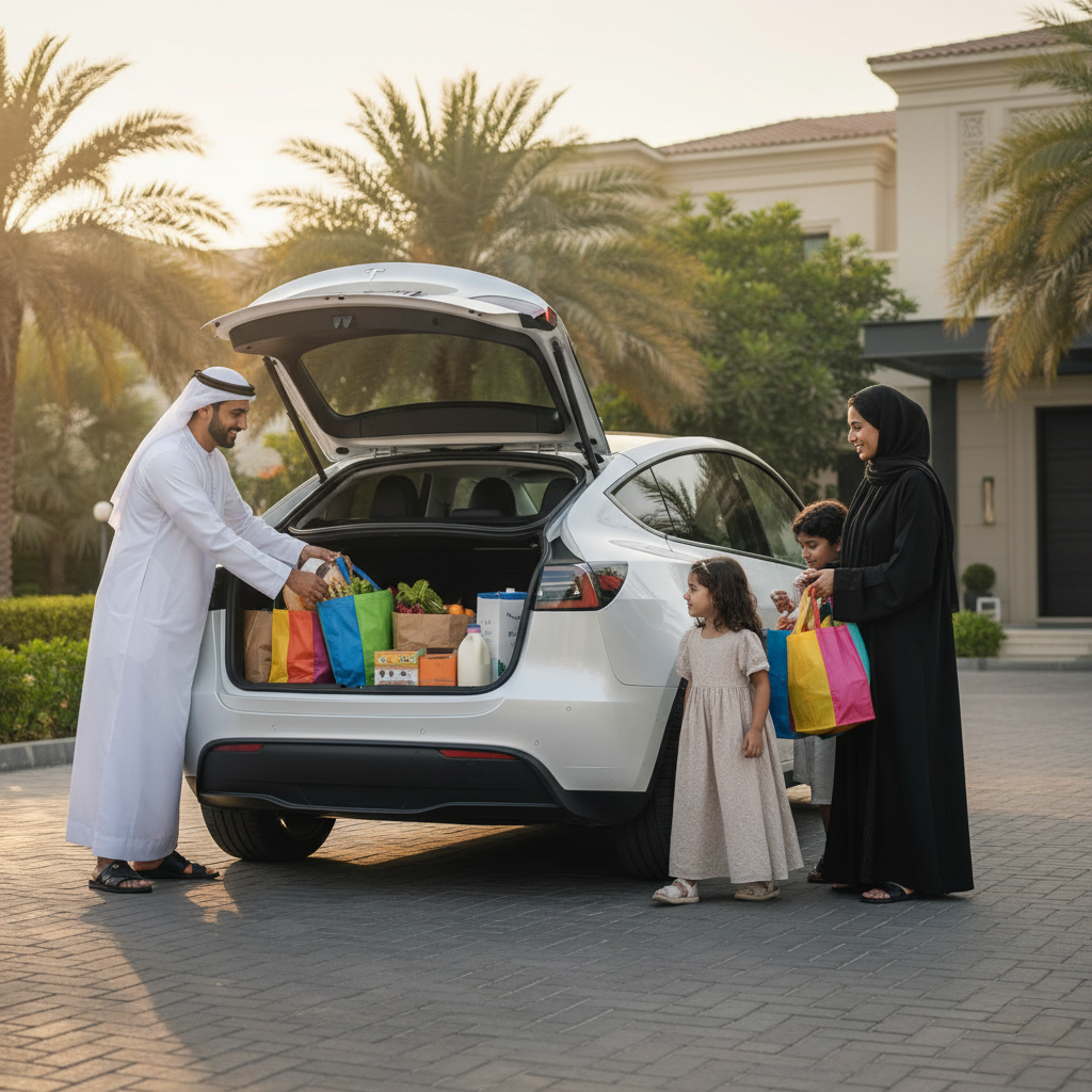 Electric Vehicles in the UAE: A family unloading groceries from the trunk of a car in front of a home, with palm trees in the background. The father is placing colorful bags into the trunk while the mother stands with two children holding shopping bags.