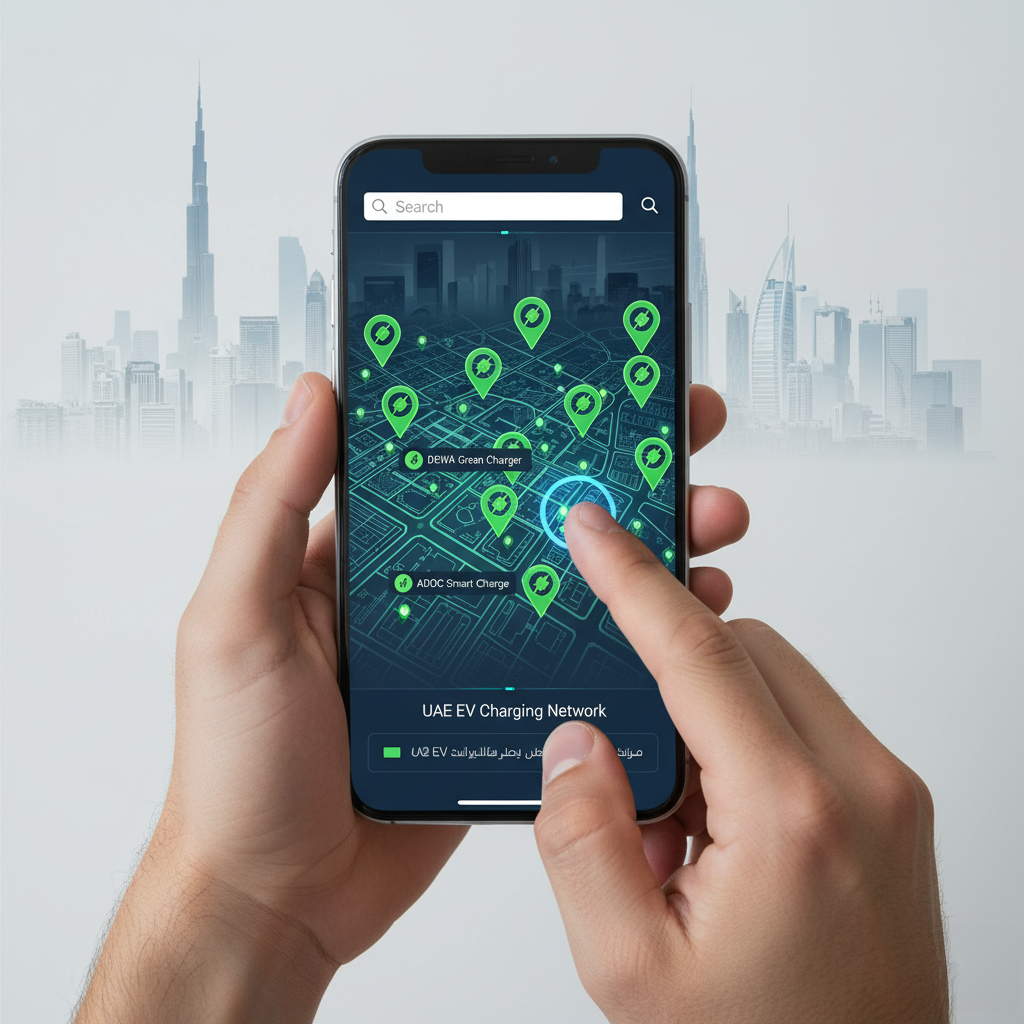 Electric Vehicles in the UAE: A person holds a smartphone showing a map of EV charging stations, labeled DEWA Green Charger and ADDC Smart Charge, set against a skyline background with tall buildings.