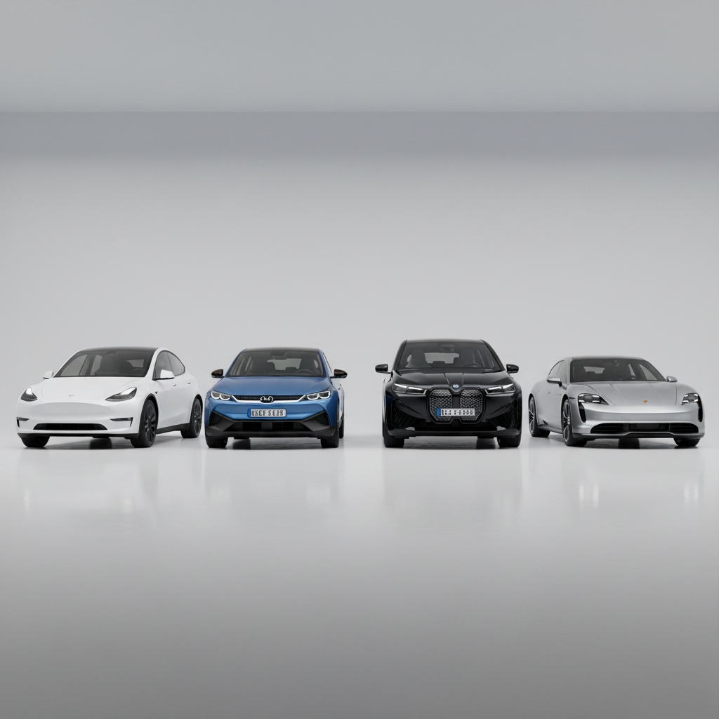 Four electric cars lined up in a row, featuring a white Tesla Model 3, a blue Volkswagen ID.4, a black BMW iX, and a silver Porsche Taycan, all set against a plain background.