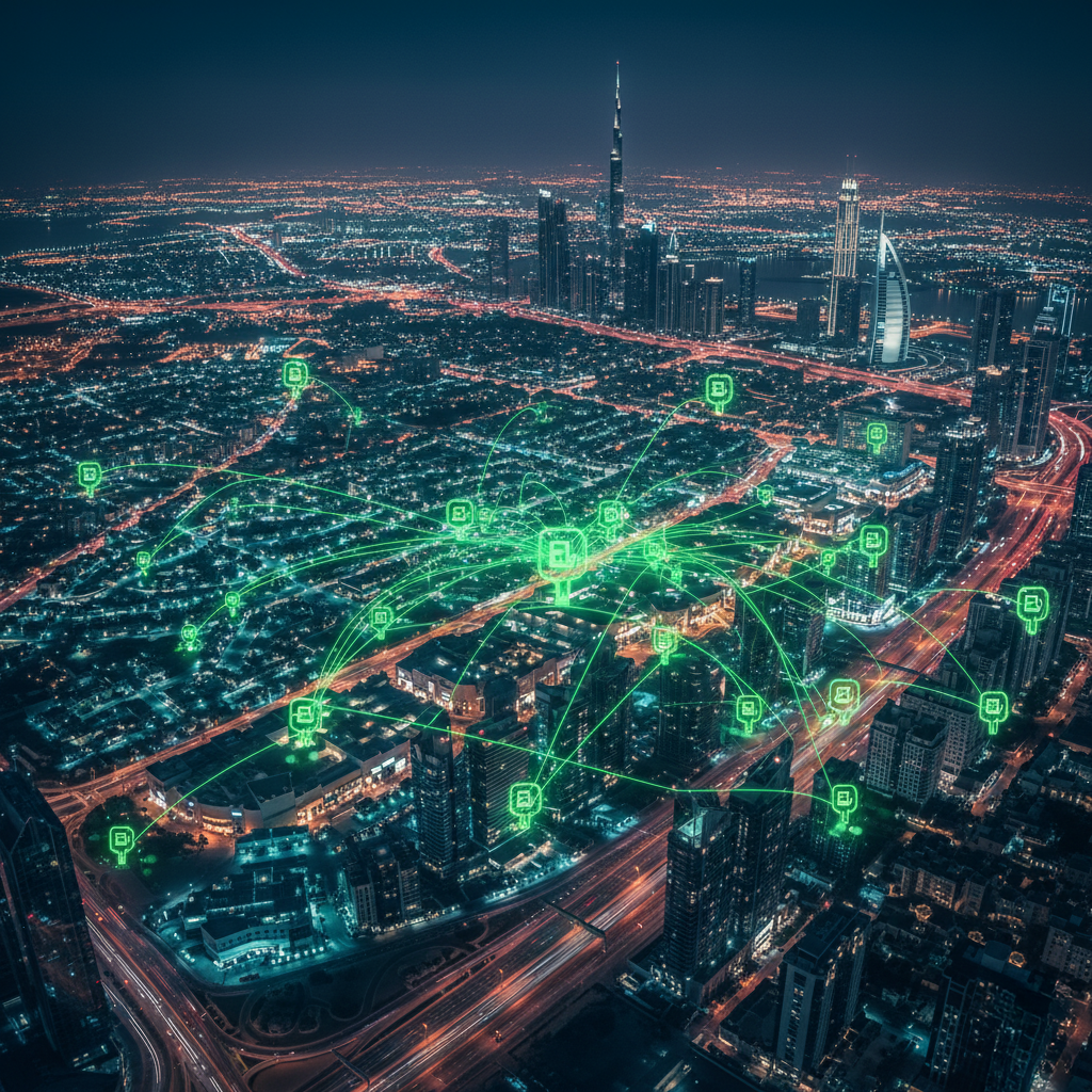 Aerial view of a cityscape at night with illuminated skyscrapers and roads, featuring digital green icons connected by lines, symbolizing a smart city network or digital connectivity.