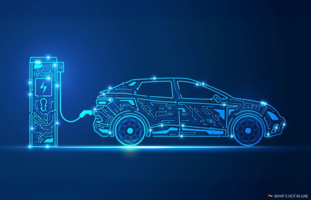 A digital illustration of an electric car connected to a charging station, both outlined in bright blue with circuit-like patterns on a dark blue background.