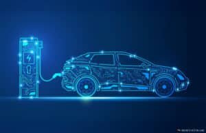 A digital illustration of an electric car connected to a charging station, both outlined in bright blue with circuit-like patterns on a dark blue background.