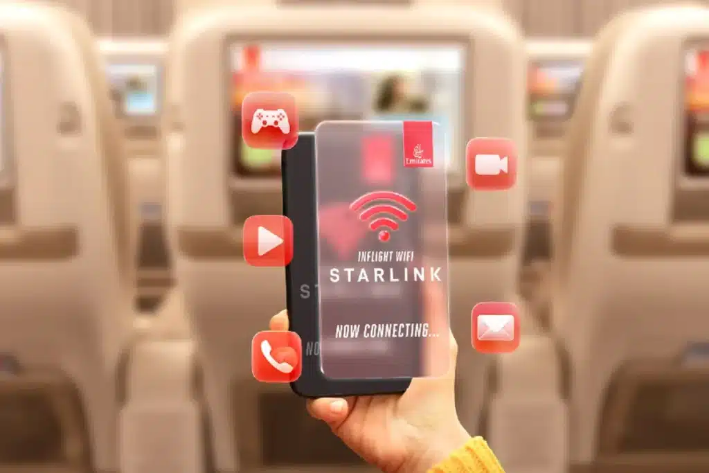 A person holds a smartphone displaying the message "Inflight Wifi Starlink Now Connecting" in front of airplane seats, with digital icons for gaming, video calls, and emails floating around the phone.