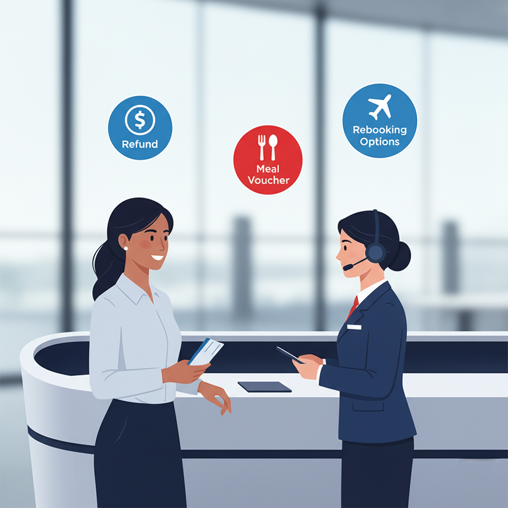 Emirates US Airport Delays: Illustration of a woman talking to a customer service agent at an airport desk. The agent is wearing a headset and holding a tablet, while the woman holds travel documents. Icons above them depict refund, meal voucher, and rebooking options.