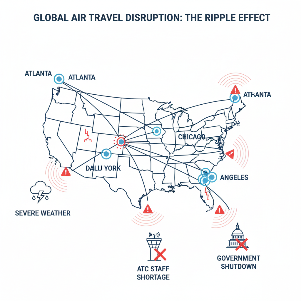 Map of the United States illustrating air travel disruptions with icons for weather, ATC staff shortage, and government shutdown, affecting cities like Atlanta, Chicago, Los Angeles, and New York.