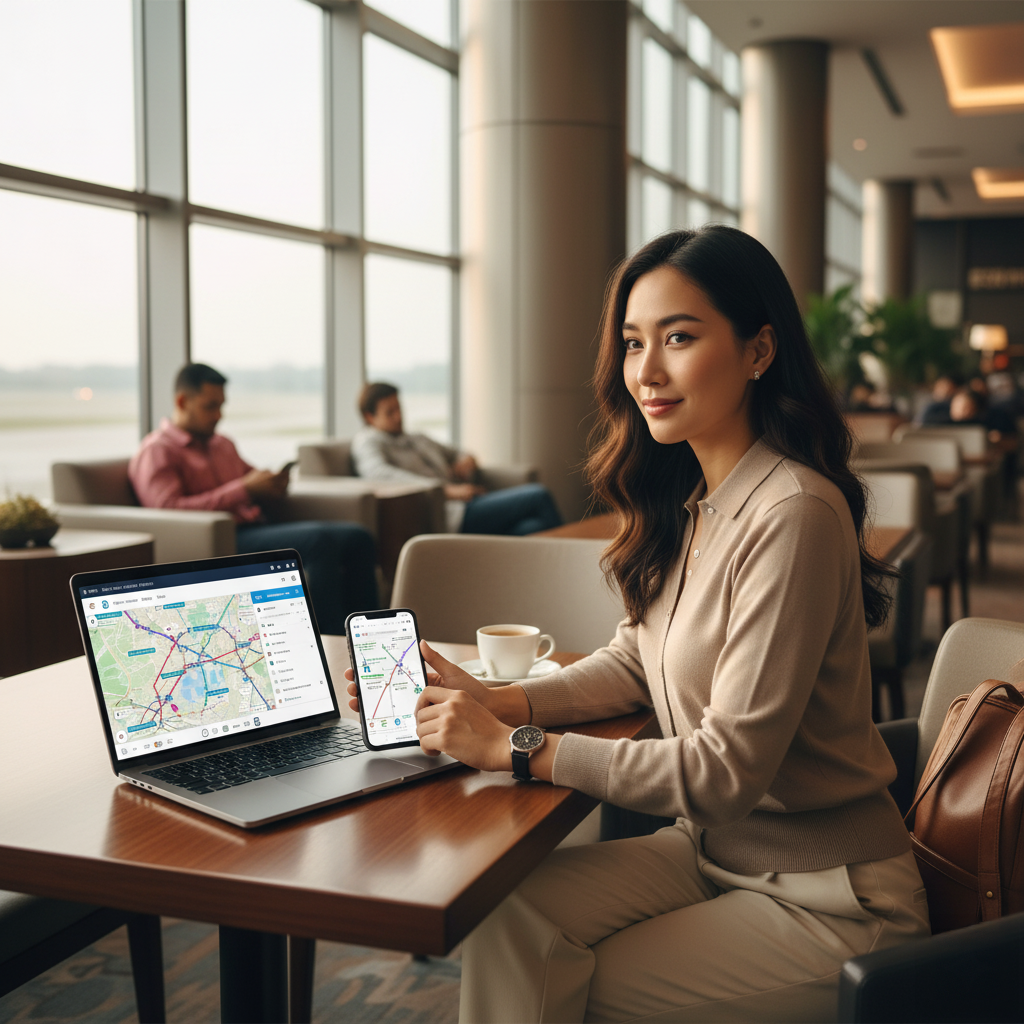 A woman sitting in an airport lounge using a laptop and smartphone, both displaying a map application, with a coffee cup on the table. Other travelers are seated in the background near large windows overlooking the airport runway.