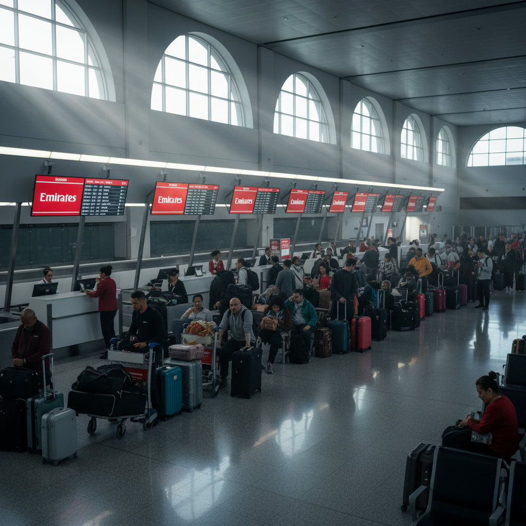 A busy airport check-in area for Emirates flights, with numerous passengers standing in line with their luggage under large overhead screens displaying flight information. The setting features high arched windows providing natural light.
