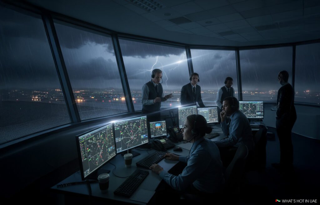 An airport control tower during a thunderstorm, with several people working at computer stations and a lightning strike visible outside the large windows.