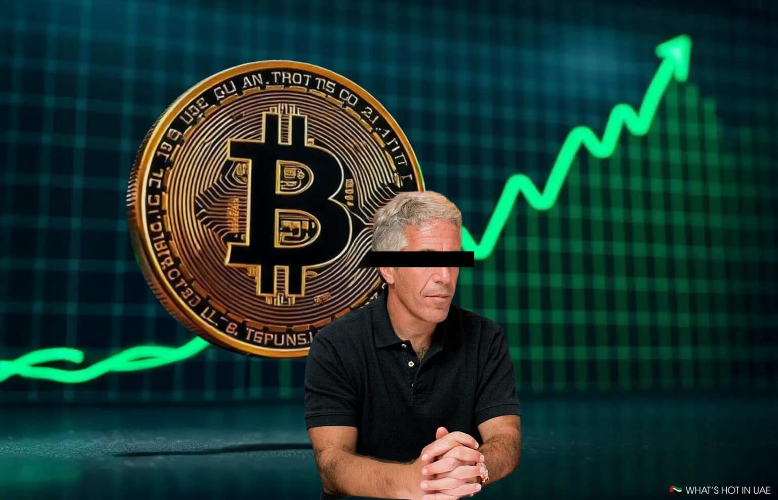 A man with his eyes obscured by a black bar sits in front of a large Bitcoin symbol, with a background featuring a green upward-trending line graph.