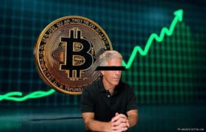A man with his eyes obscured by a black bar sits in front of a large Bitcoin symbol, with a background featuring a green upward-trending line graph.