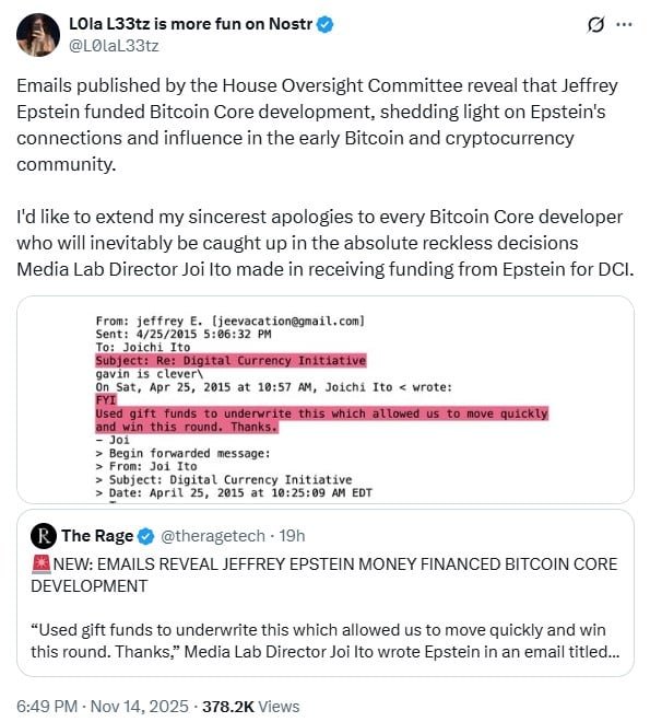 A Twitter post by a user named L0La L33tz discussing emails revealed by the House Oversight Committee that show Jeffrey Epstein funded Bitcoin Core development. The post expresses apologies to Bitcoin Core developers affected by the funding decisions made by Media Lab Director Joi Ito. The image includes a screenshot of an email correspondence between Jeffrey Epstein and Joichi Ito regarding the Digital Currency Initiative, with highlighted text about using gift funds to advance the project. Additionally, there is a tweet from The Rage reporting the news about Epstein's financial involvement.