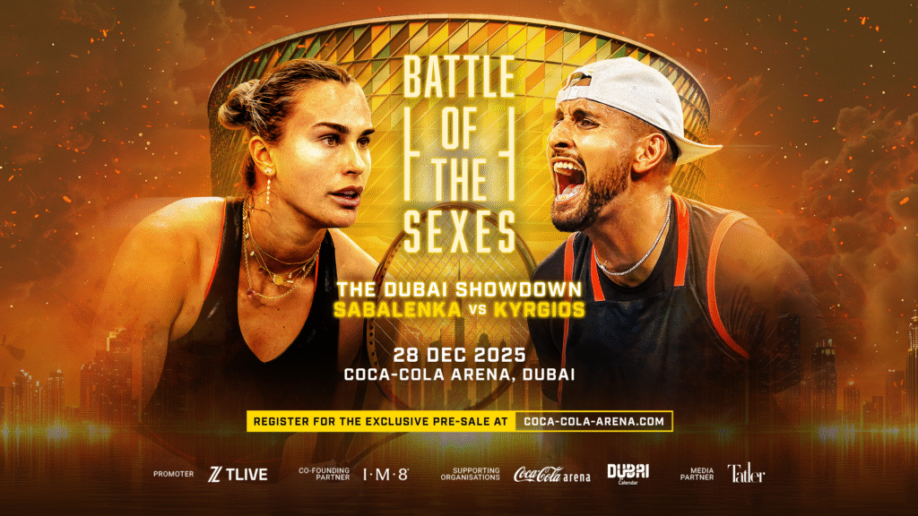 Promotional image for the 'Battle of the Sexes' tennis event featuring Sabalenka versus Kyrgios, titled 'The Dubai Showdown', scheduled for December 28, 2025, at the Coca-Cola Arena in Dubai.