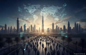 A futuristic cityscape at sunset, featuring a large group of people walking along a wide pathway with iconic skyscrapers in the background, digital graphics and world maps projected in the sky.