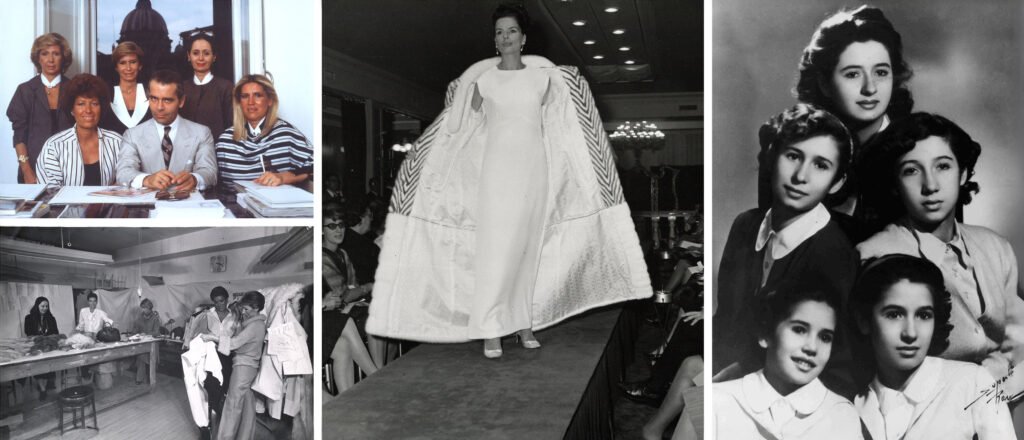 A collage of four images: top left shows a group of six people, five women and one man in business attire, sitting around a table; bottom left depicts a sewing workshop with people working on fabrics; center right features a woman on a runway wearing a long white gown with an elaborate coat; top right is a black and white portrait of four young women posed together.