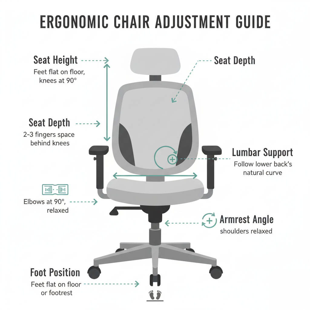 An ergonomic chair adjustment guide visualizing optimal chair settings, including seat height for feet flat on the floor with knees at 90 degrees, seat depth with 2-3 fingers space behind knees, lumbar support to match the lower back's curve, armrest angle for relaxed shoulders, and foot position on the floor or footrest, with elbows relaxed at a 90-degree angle.