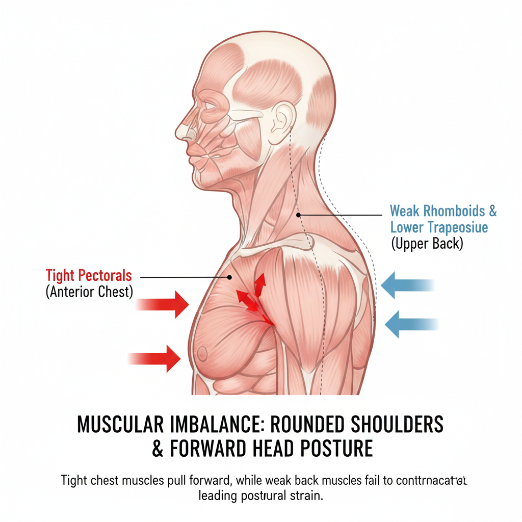 Diagram illustrating muscular imbalance with labels pointing to tight pectorals in the anterior chest shown in red, and weak rhomboids and lower trapezius in the upper back shown in blue, causing rounded shoulders and forward head posture.