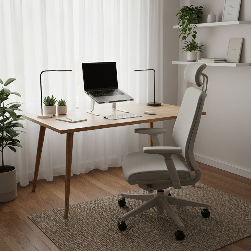 A modern home office with a wooden desk, ergonomic chair, laptop on a stand, two desk lamps, and potted plants, set against sheer curtains and shelves with decor items.