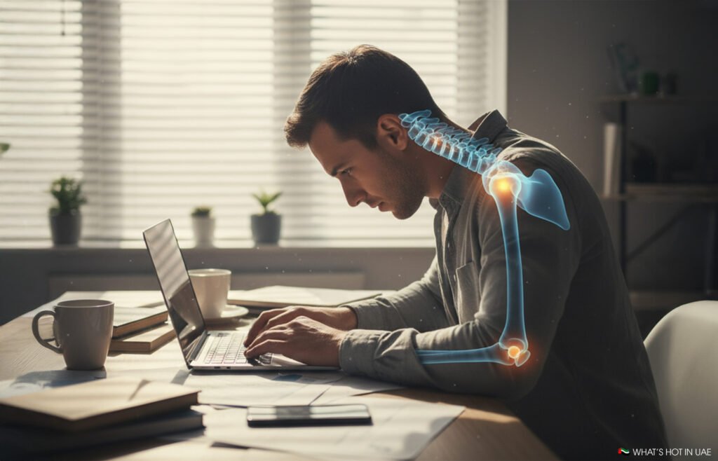 A person sitting at a desk, typing on a laptop with a digital overlay of their spine, shoulder, and elbow highlighted, indicating posture and joint stress.