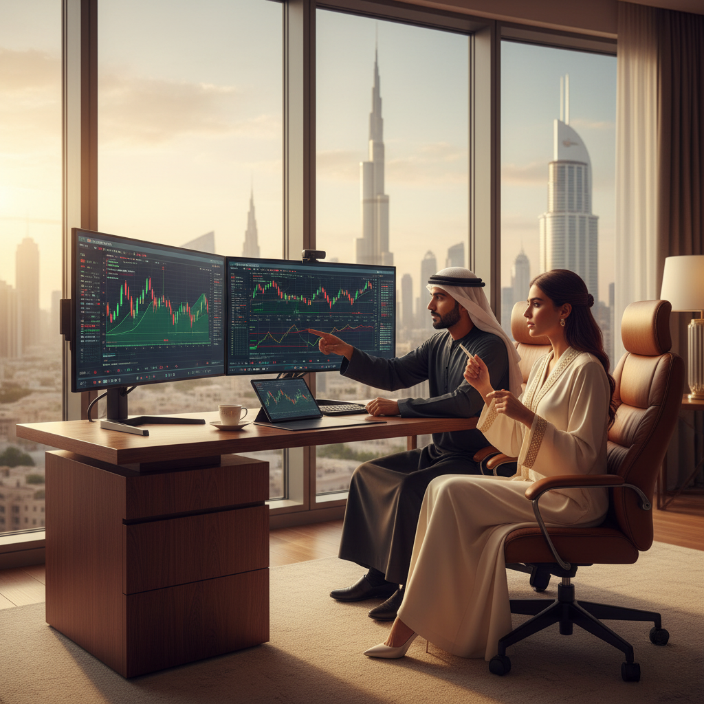 Gold Trading in the UAE: A man and a woman in traditional Middle Eastern attire analyze stock market data on multiple monitors in a modern office with a view of a city skyline, including the Burj Khalifa.