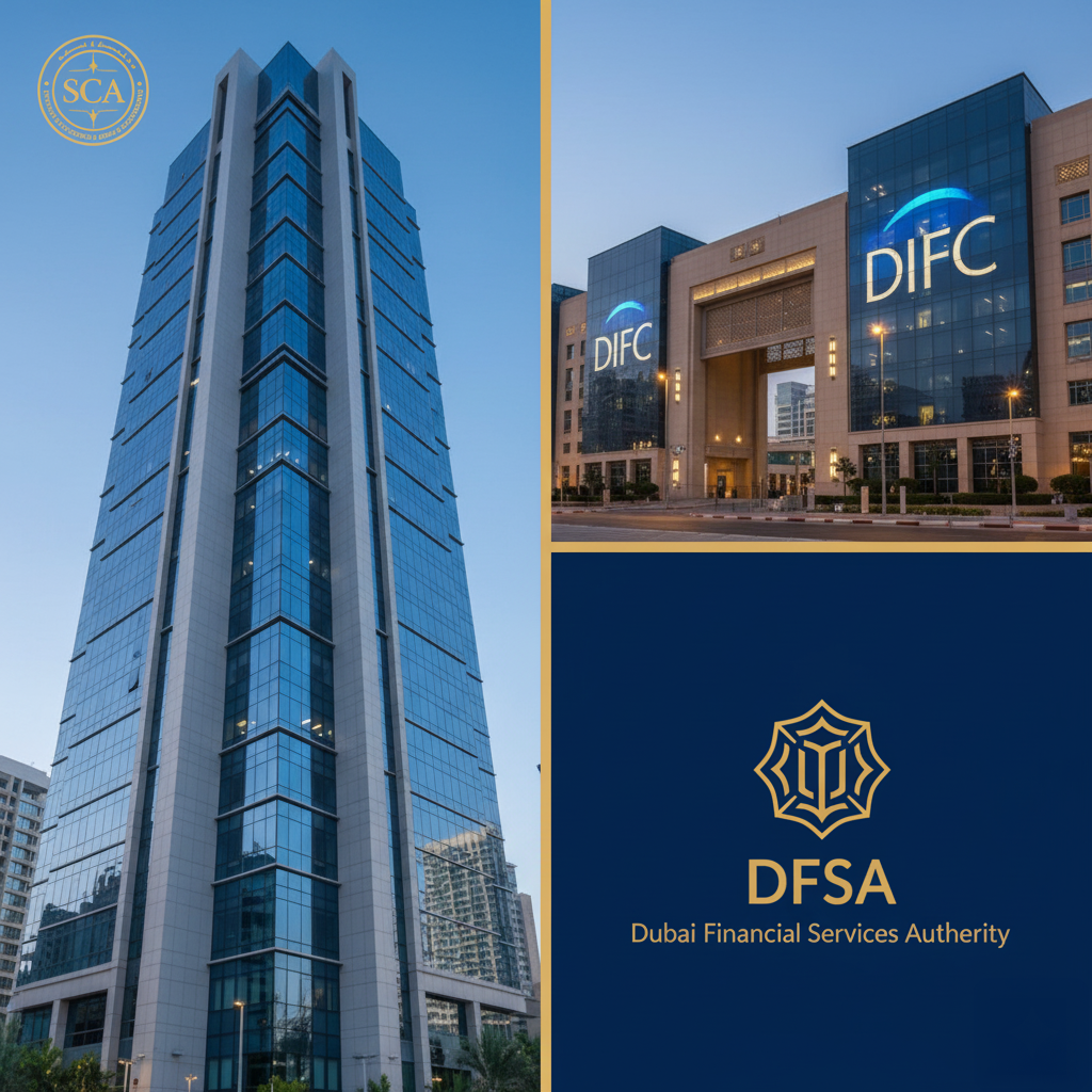 A collage of three images: on the left, a tall glass skyscraper under a clear sky; on the top right, the DIFC building marked with large illuminated letters; and on the bottom right, the logo and name of the Dubai Financial Services Authority (DFSA) with a stylized emblem.