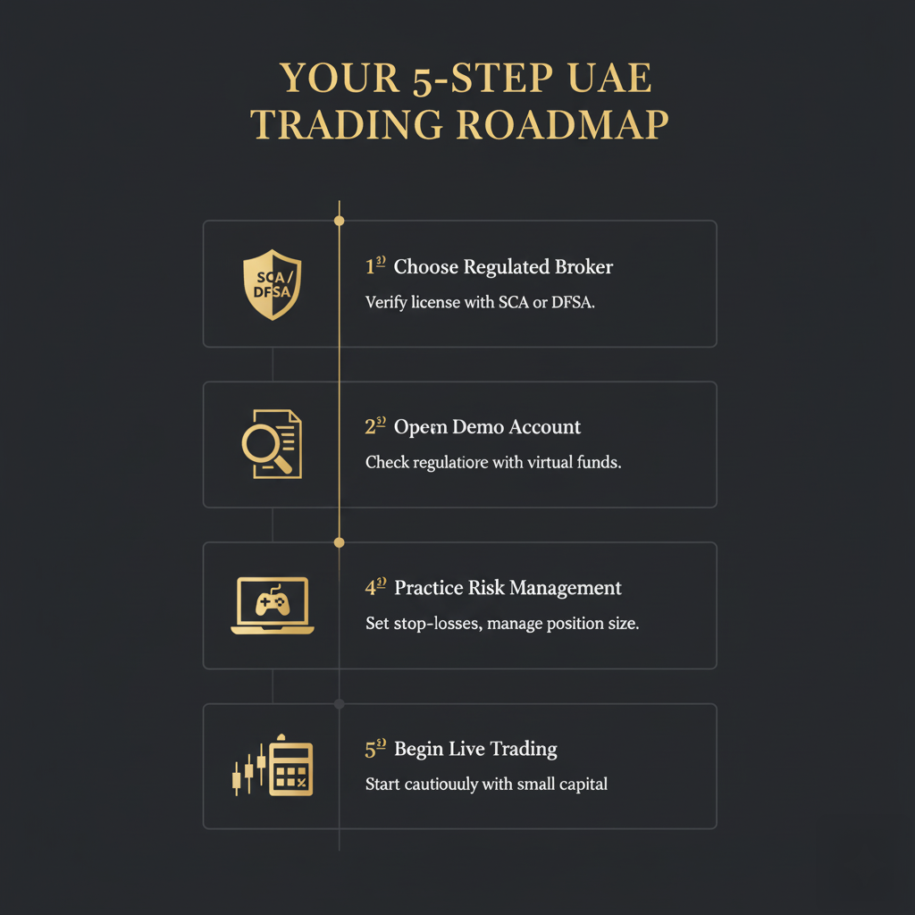 A flowchart titled "Your 5-Step UAE Trading Roadmap" on a dark background with gold and white text and icons. Step 1: Choose Regulated Broker, verify license with SCA or DFSA. Step 2: Open Demo Account, check regulations with virtual funds. Step 3: Practice Risk Management, set stop-losses, and manage position size. Step 4: Begin Live Trading, start cautiously with small capital. Each step includes an icon representative of its action.