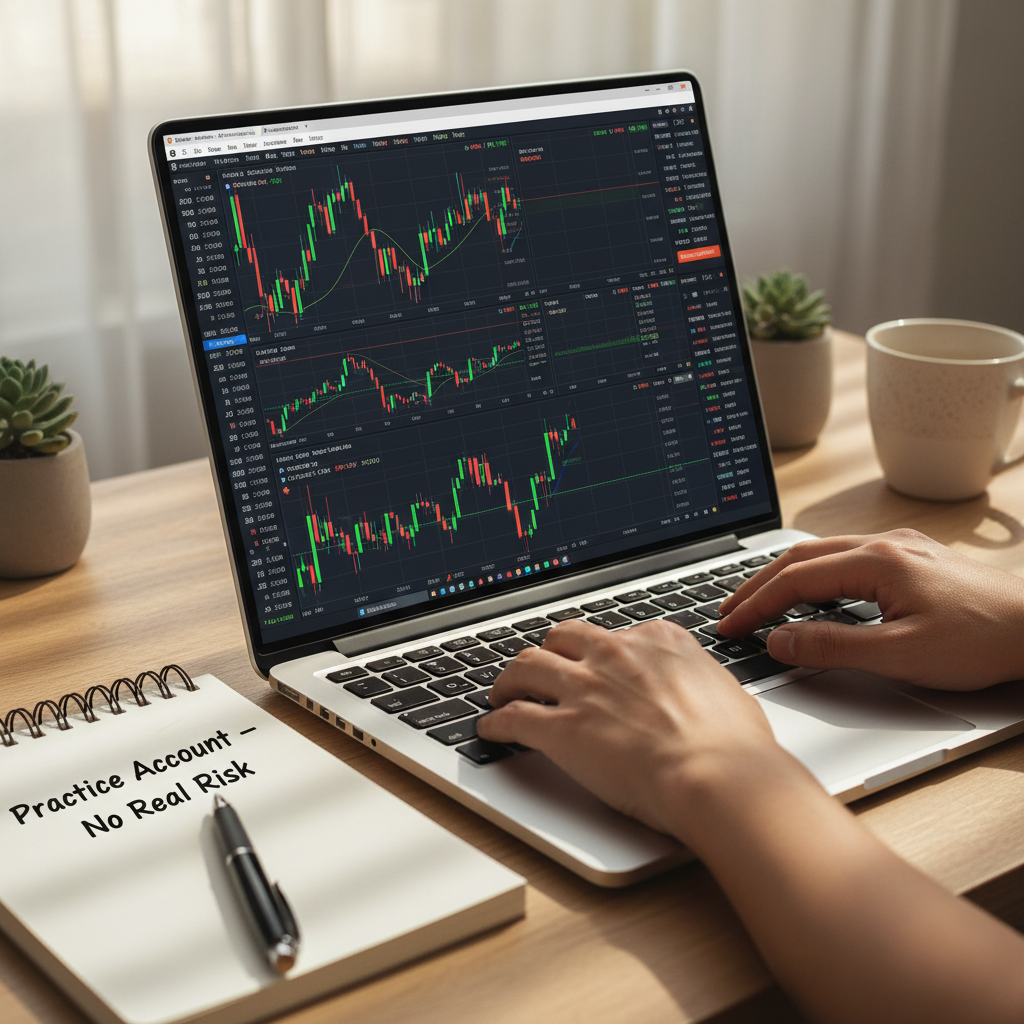 Gold Trading in the UAE: A person using a laptop to analyze stock market charts, with a notebook beside them labeled "Practice Account - No Real Risk."