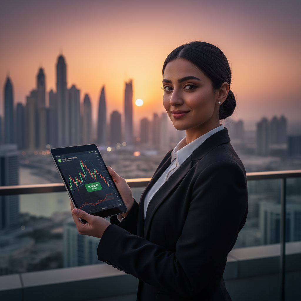 Gold Trading in the UAE: A woman in business attire holding a tablet displaying financial charts, standing on a balcony with a city skyline and sunset in the background.