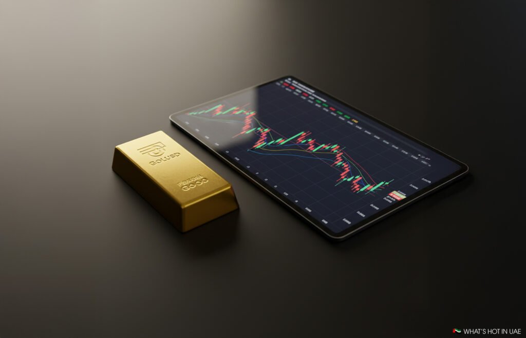 A gold bar labeled "GOLUSD" rests beside a tablet displaying a financial trading chart on a black surface.