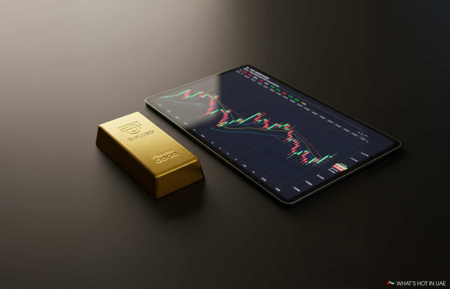 A gold bar labeled "GOLUSD" rests beside a tablet displaying a financial trading chart on a black surface.