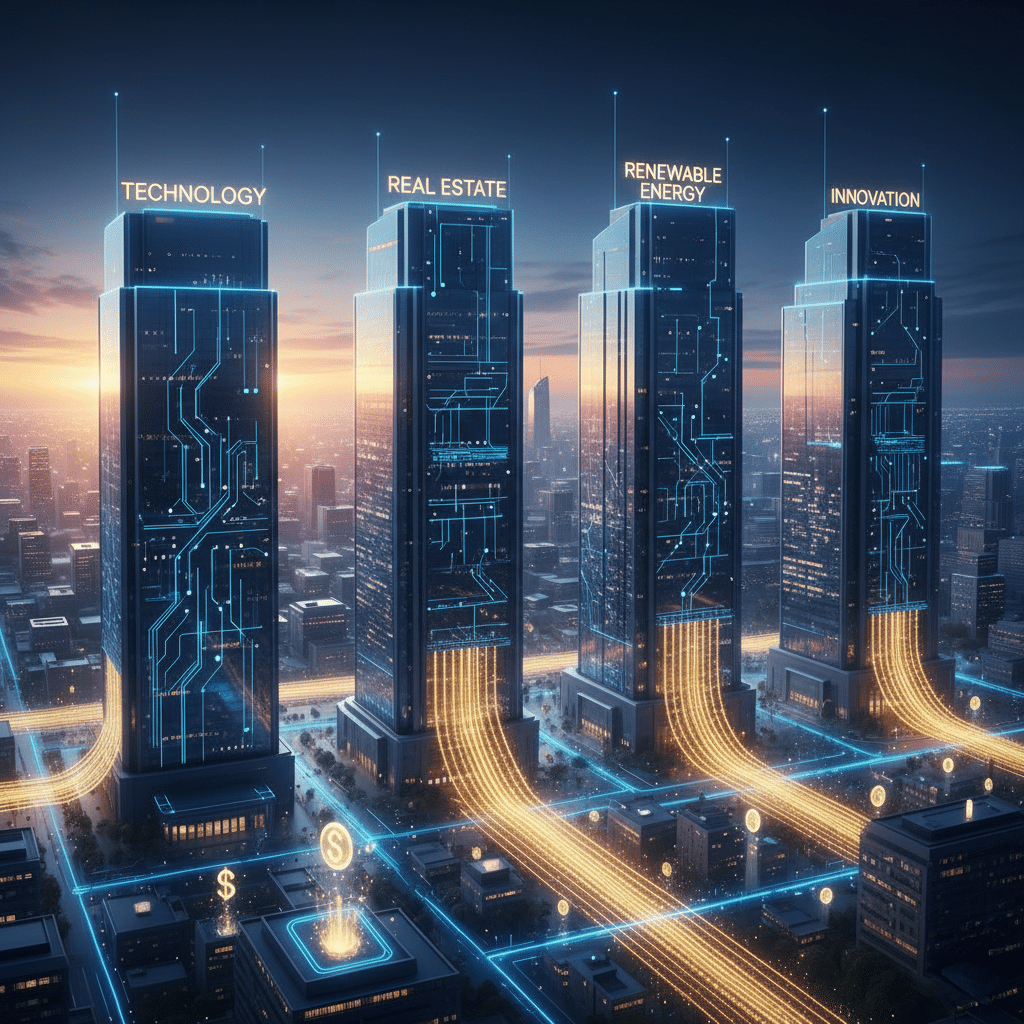Four tall skyscrapers in a cityscape at sunset, each labeled with a theme: Technology, Real Estate, Renewable Energy, and Innovation. The buildings are interconnected by glowing digital pathways, symbolizing connection and progress. National Investment Fund