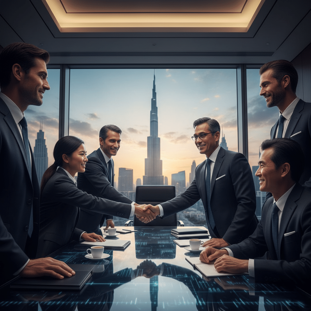 A group of business professionals in formal attire are sitting and standing around a conference table, shaking hands and smiling. The large window behind them shows a cityscape with a prominent skyscraper, possibly the Burj Khalifa, during sunset.