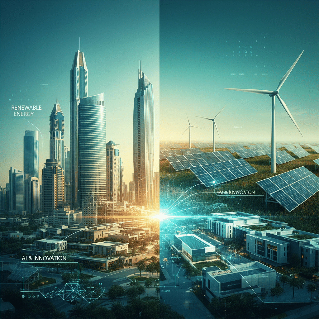 A futuristic cityscape with skyscrapers on the left side labeled 'Renewable Energy' and solar panels and wind turbines on the right side labeled 'AI & Innovation' with sunlight illuminating between them. National Investment Fund.