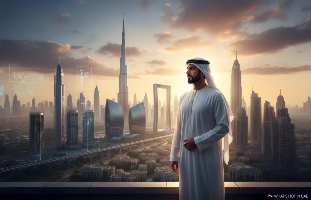 A man wearing a traditional white kandura stands on a balcony overlooking a futuristic cityscape with towering skyscrapers and a digital overlay of city analytics. The sky is filled with clouds at sunset, creating a soft, golden hue across the scene.