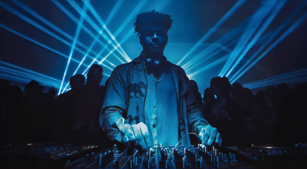 Jamie Jones at Be Beach Dubai performing in a dark room with blue lighting and laser beams, surrounded by a crowd of people.