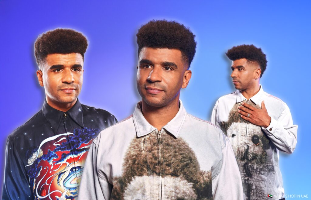 A composite image of a man with a flat-top haircut wearing three different shirts against a blue gradient background; one is a dark shirt with a colorful, abstract design, another is a light denim shirt with a fuzzy print, and the third shows the man with a hand placed on his chest, looking to the side.