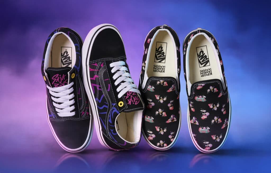 A pair of black sneakers with colorful graffiti-like patterns on the left and a pair of slip-ons with small cartoon characters on the right, both against a purple and blue gradient background.