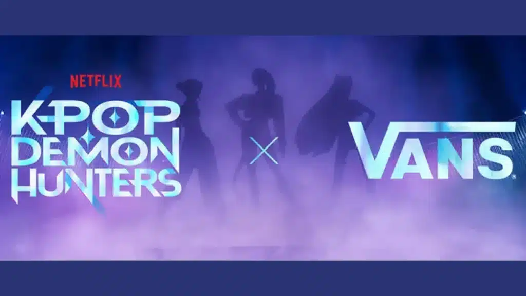 Promotional image featuring the text "K-Pop Demon Hunters x Vans" with the Netflix logo, against a purple background with silhouettes of three figures posing stylishly.