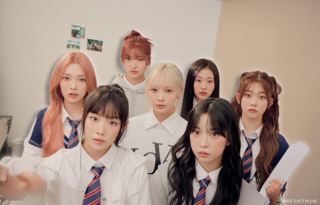 K-Pop in Dubai: A group 'Billie' in school uniforms, consisting of white shirts, striped ties, and some wearing navy vests, standing in a room with photos on the wall.