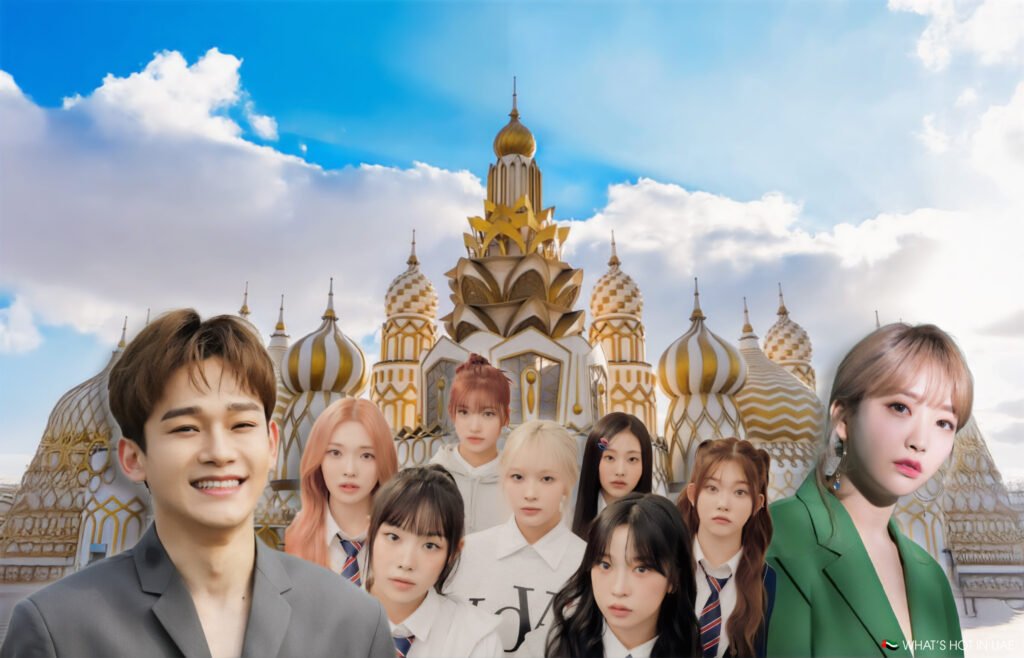 A group of people standing in front of a building with ornate golden domes and spires, under a blue sky with scattered clouds.