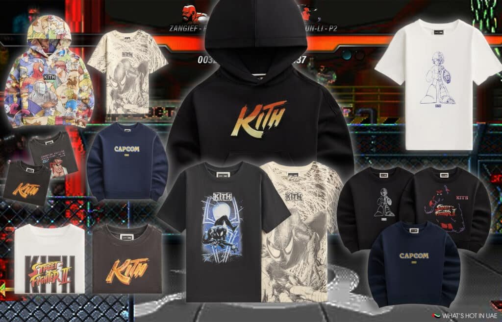 A collage of Kith x Capcom streetwear clothing items including hoodies and T-shirts featuring graphic designs from popular video games. The background showcases a video game battle screen with names Zangief and Chun-Li, indicating a Street Fighter theme.