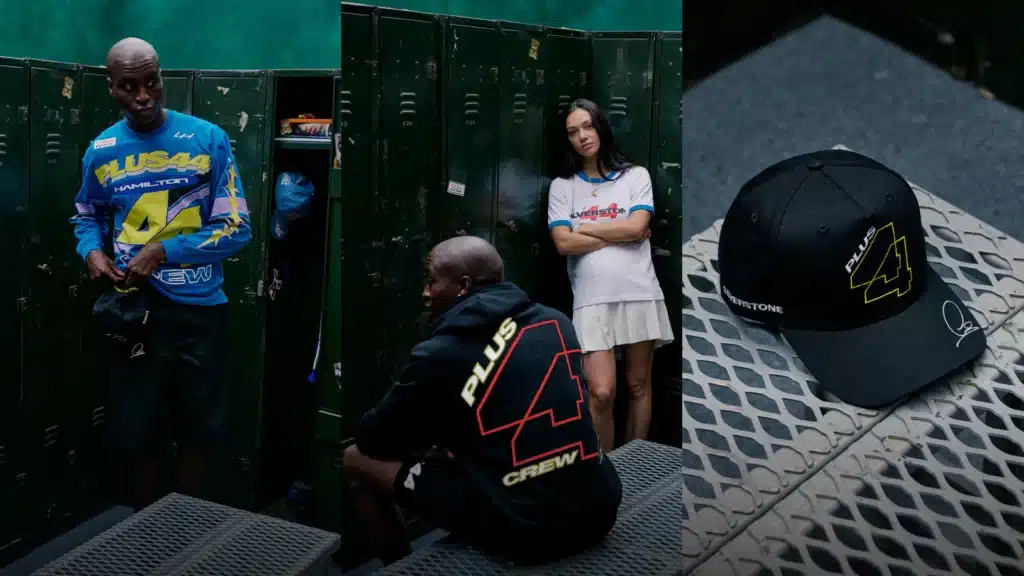 A collage of three images: the first shows a person wearing a blue "Plus44 Hamilton" sweatshirt standing in front of lockers; the second shows two people by lockers, one sitting and wearing a black hoodie with "Plus 4 Crew" on the back, and another standing wearing a white shirt and skirt; the third image features a black cap with "Plus 4" and a signature on a metal surface.
