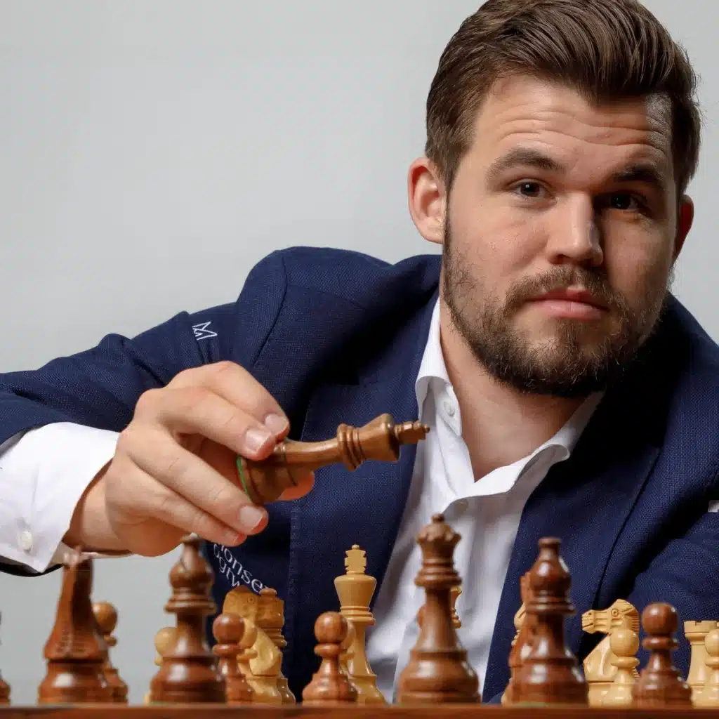 Magnus Carlsen in a blue suit playing chess, holding a black chess piece above the board.