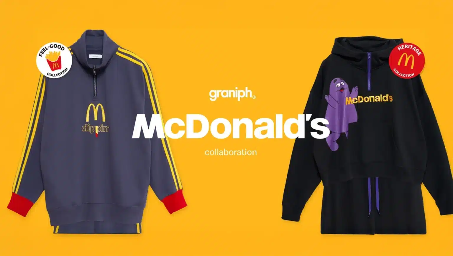 Two sweatshirts displayed against an orange background, part of a Graniph and McDonald's collaboration. The left sweatshirt is blue with yellow stripes, featuring the McDonald's logo and "dippin'" text. The right sweatshirt is black with a character graphic and "McDonald's" text. Two collection badges, "Feel-Good" and "Heritage," are visible.