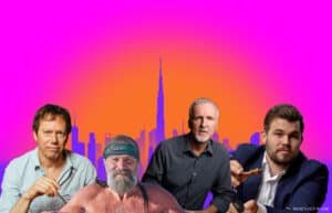 A collage featuring four men in front of a colorful skyline with a gradient pink to orange background and silhouettes of tall buildings.