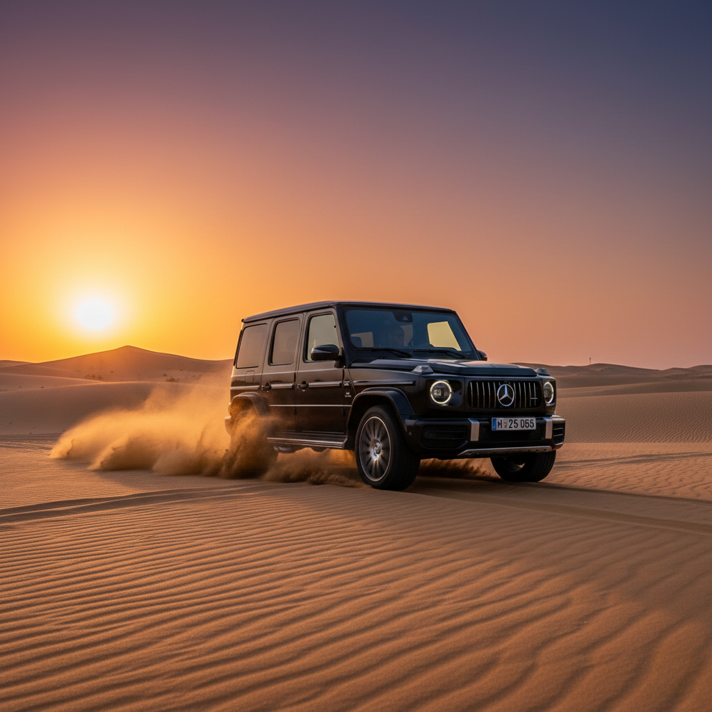 A black SUV driving through a desert landscape at sunset, with orange and purple skies in the background and sand flying around the vehicle's tires.