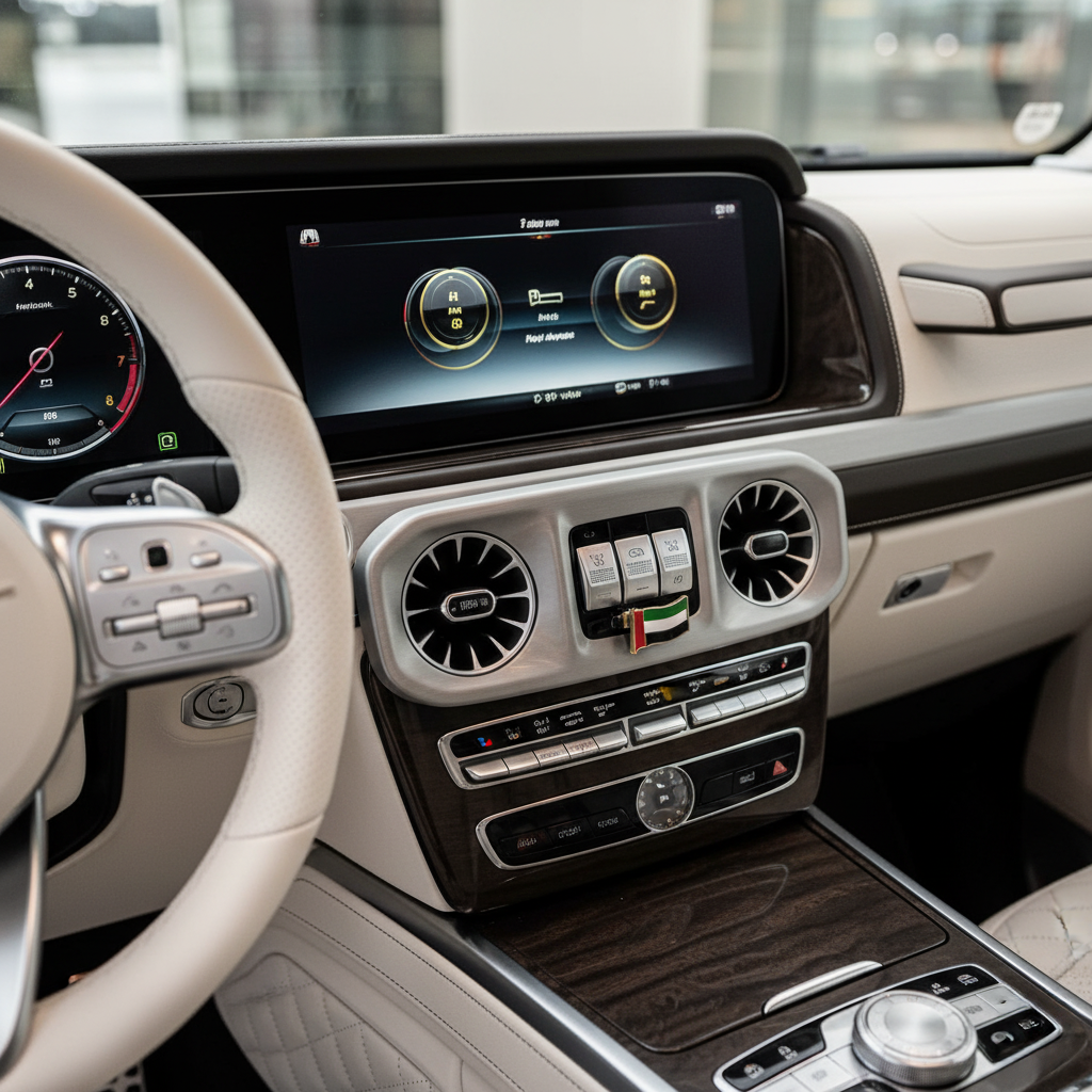 Interior view of a luxury car's dashboard, featuring a digital display screen, circular air vents, and various control buttons. The steering wheel appears on the left, and the center console has a wood finish with additional controls.
