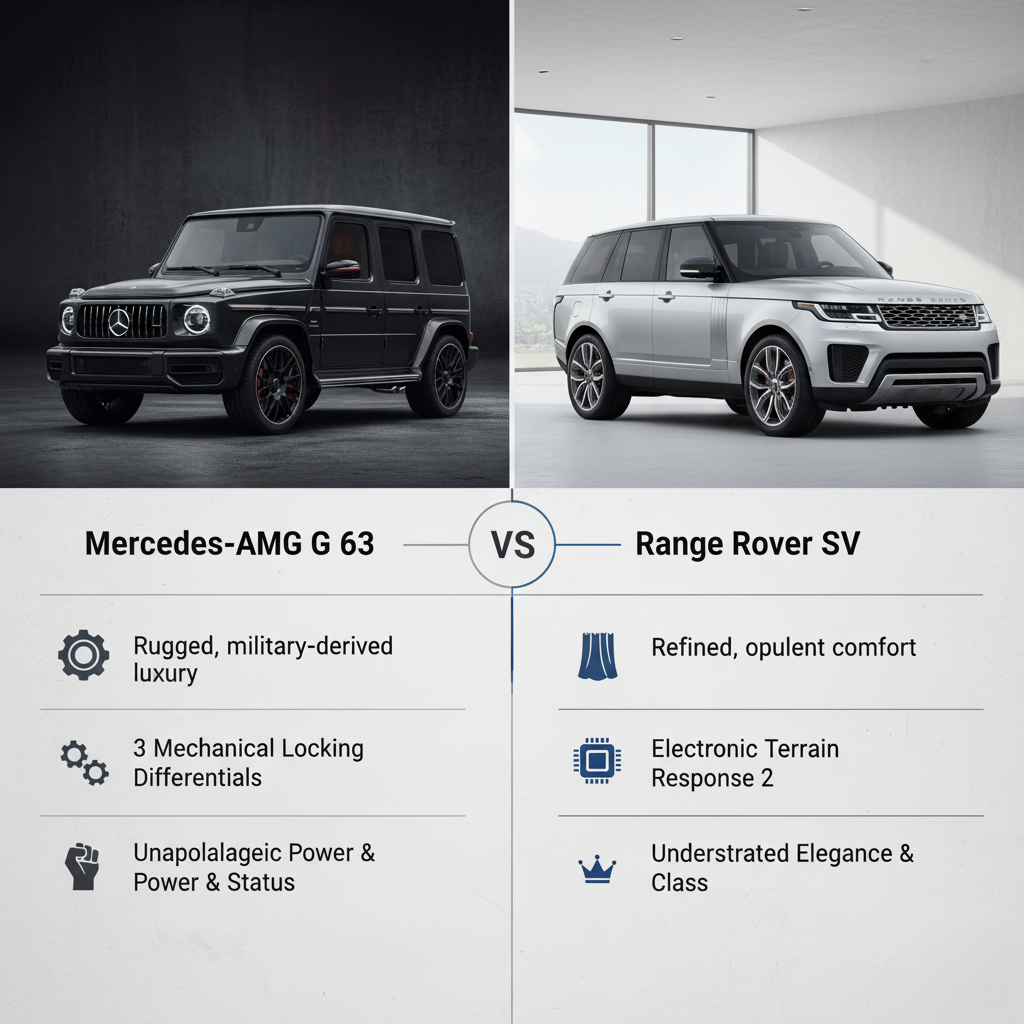 A split image comparing the Mercedes-AMG G 63 and Range Rover SV vehicles. On the left, the Mercedes-AMG G 63 is depicted in a dark, moody environment, highlighting its rugged, military-derived luxury, 3 mechanical locking differentials, and unapologetic power and status. On the right, the Range Rover SV is shown in a bright, minimalist setting, emphasizing refined, opulent comfort, electronic terrain response 2, and understated elegance and class.